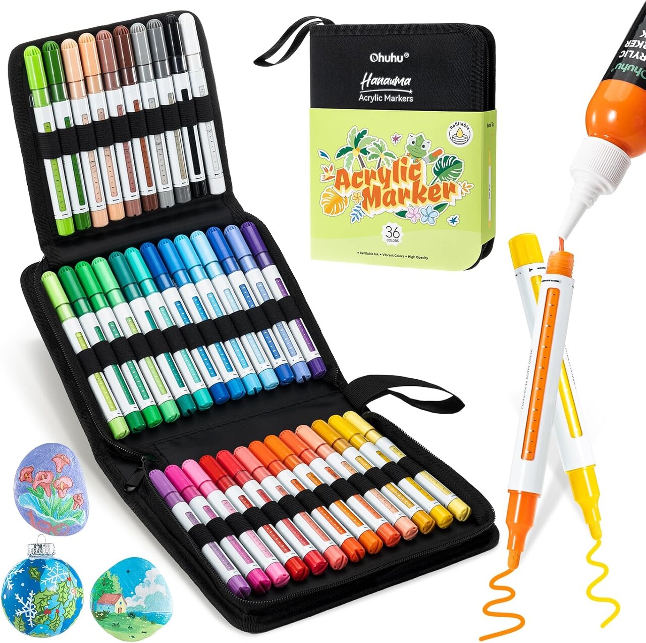 Ohuhu Acrylic Paint Markers Refillable 36 Colors Acrylic Markers High Opacity Paint Markers Waterproof Lightfast for Rock Painting Easter Eggs 3D Prints Wood Glass Ceramic Canvas - Hanauma